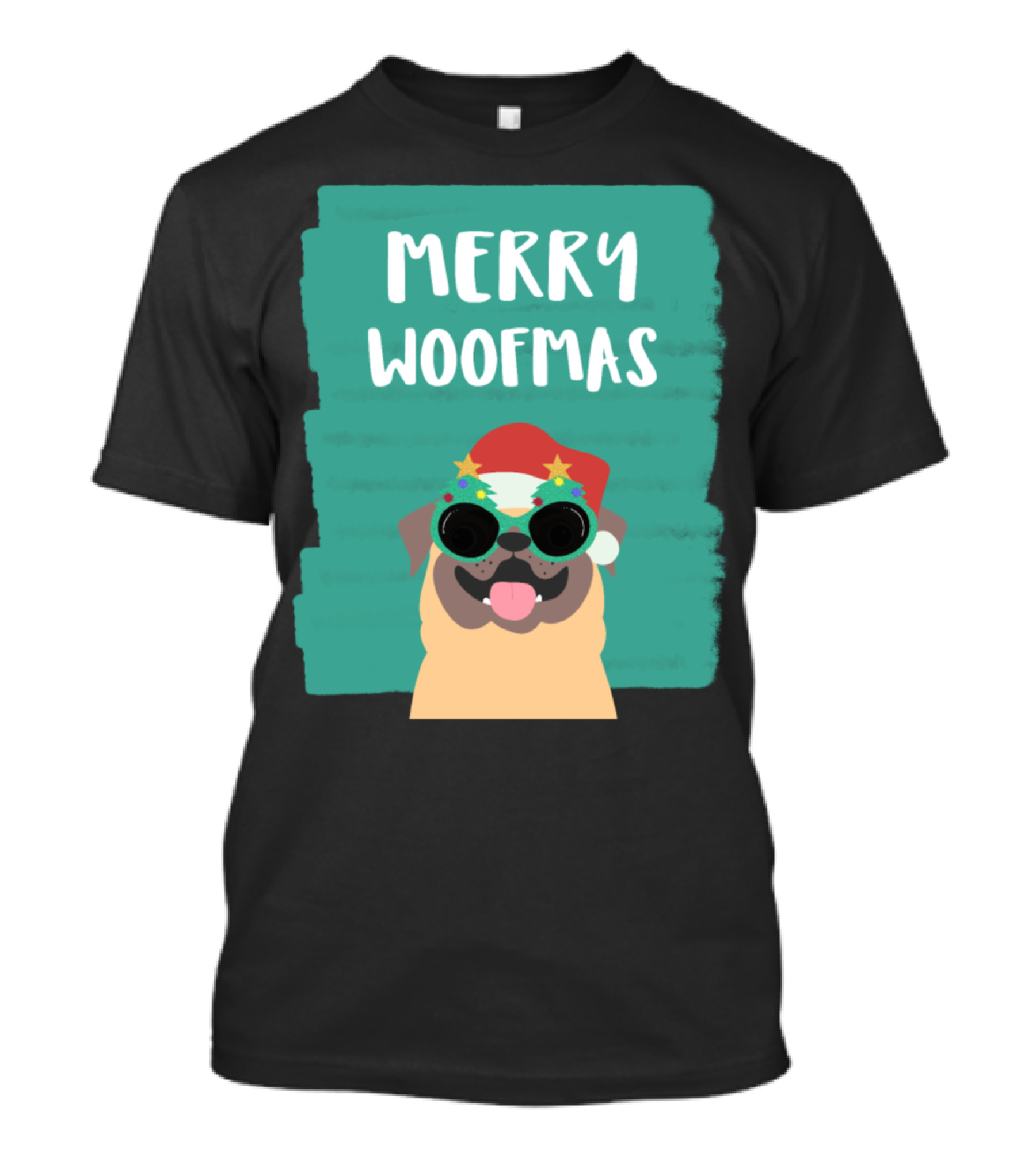 Merry Woofmas Santa Pug With Festive Glasses On Green Background T-Shirt