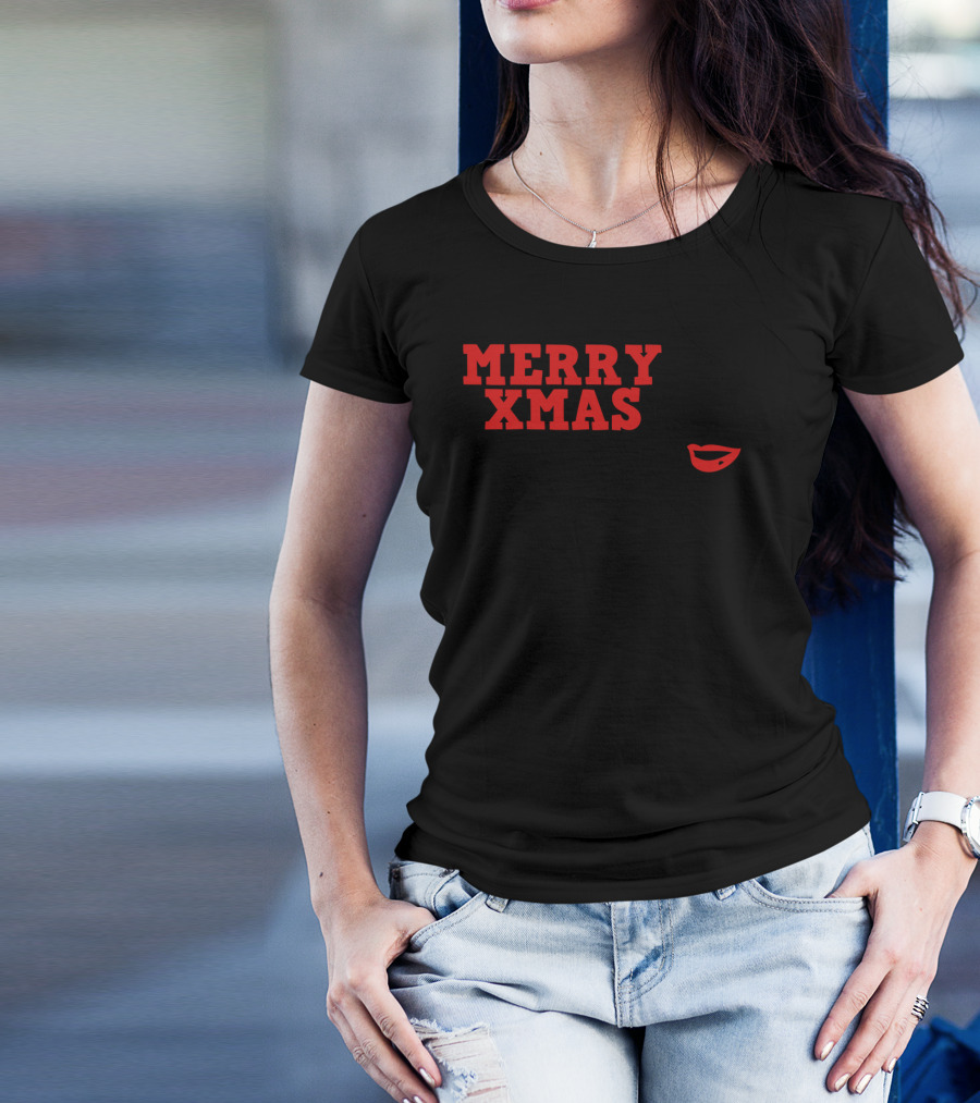 Merry Xmas Ho Comedy Insult With Red Lips And Black Hair T-Shirt