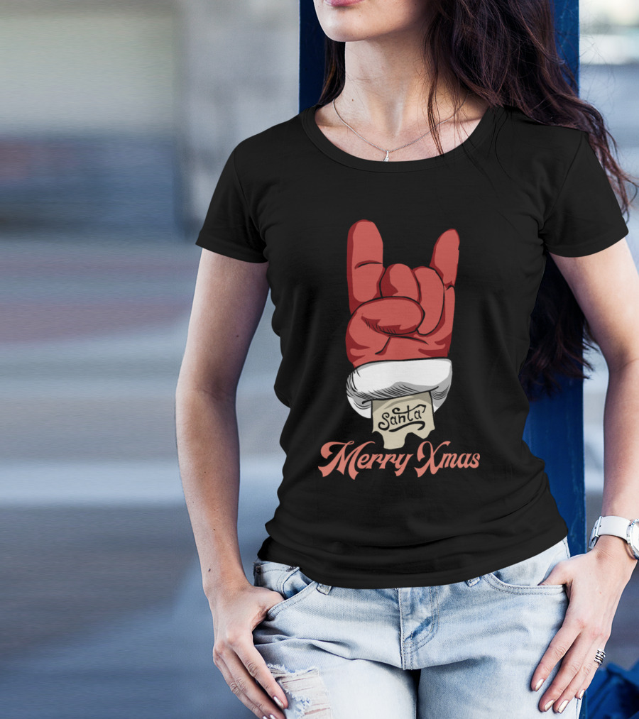 Santa Merry Xmas Rock Hand Gesture T-Shirt