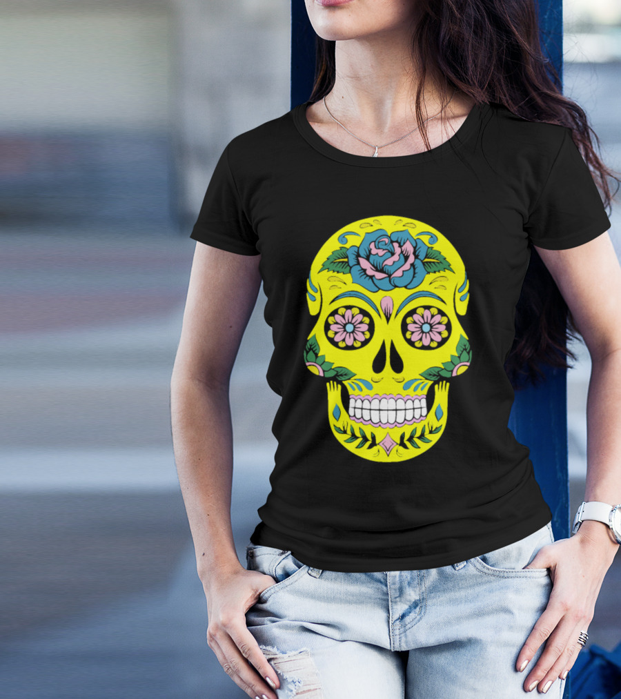 Colorful Day Of The Dead Skull With Floral T-Shirt