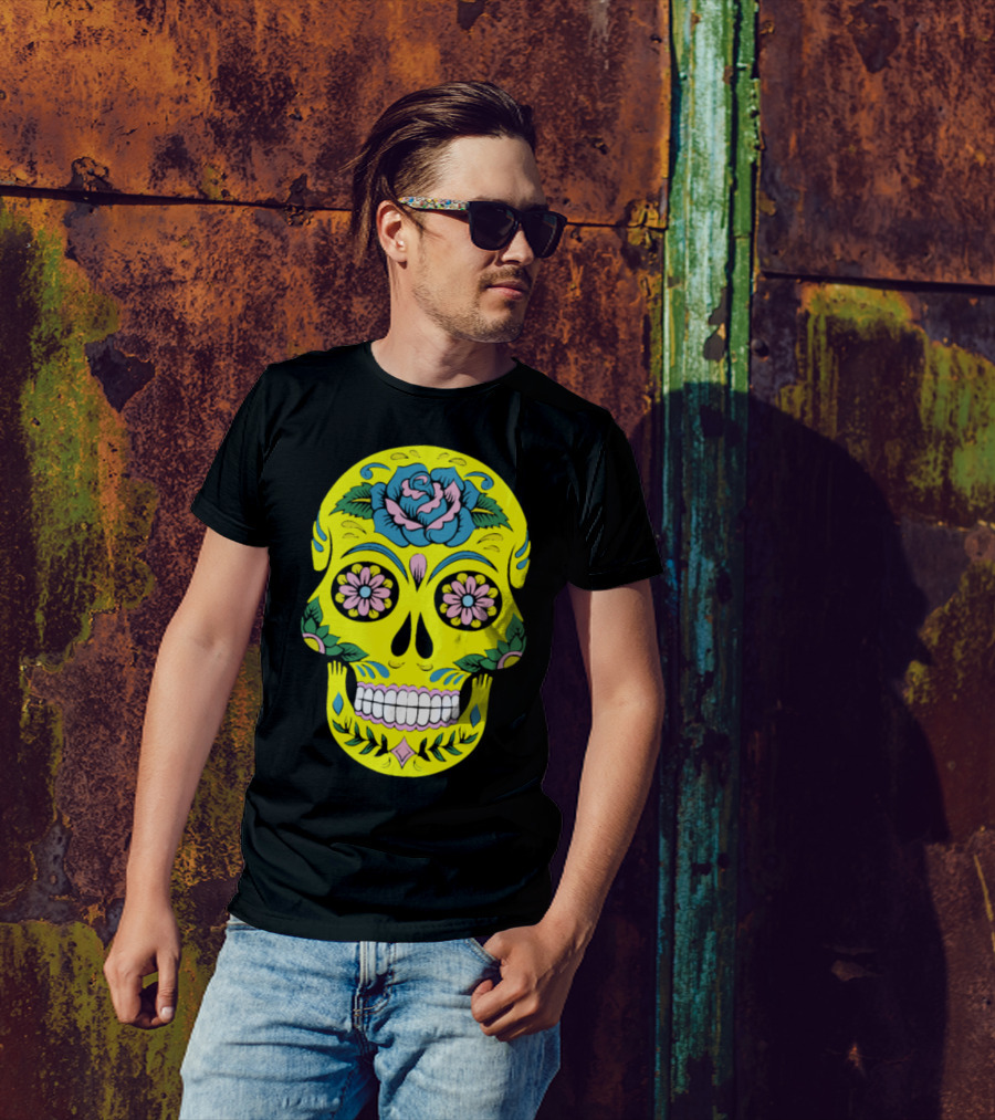 Colorful Day Of The Dead Skull With Floral T-Shirt