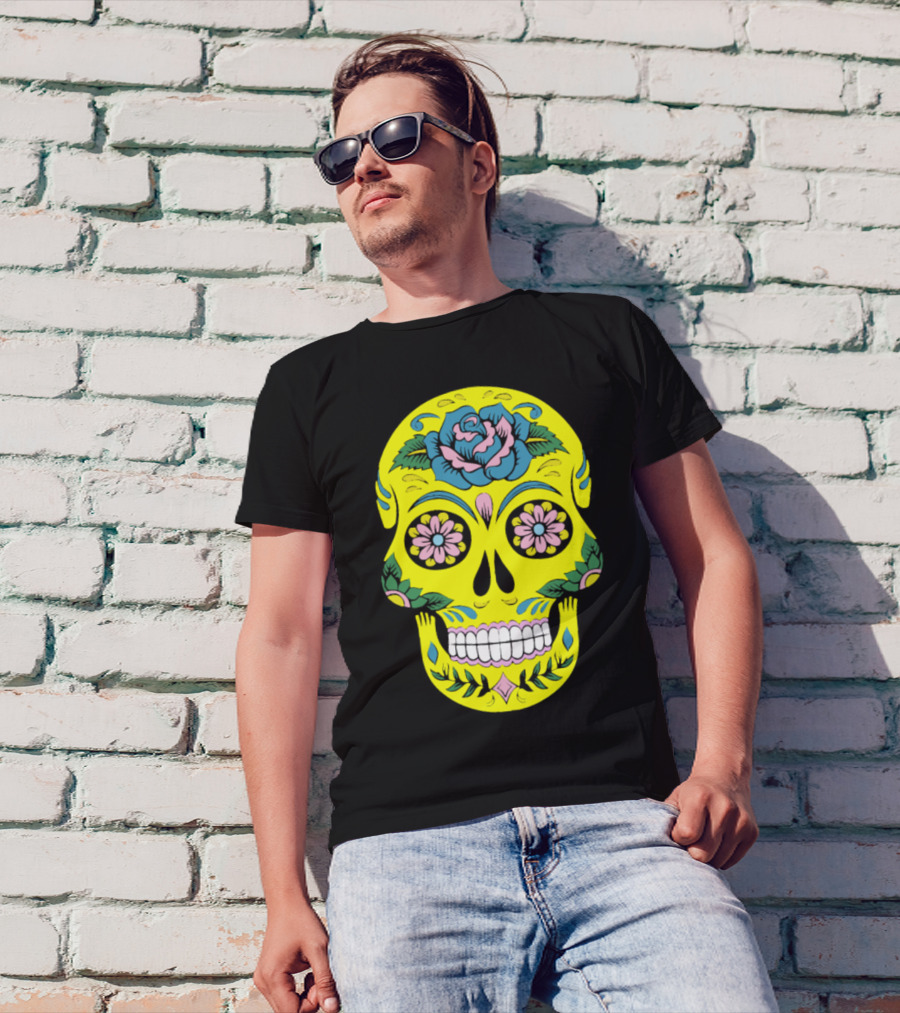Colorful Day Of The Dead Skull With Floral T-Shirt