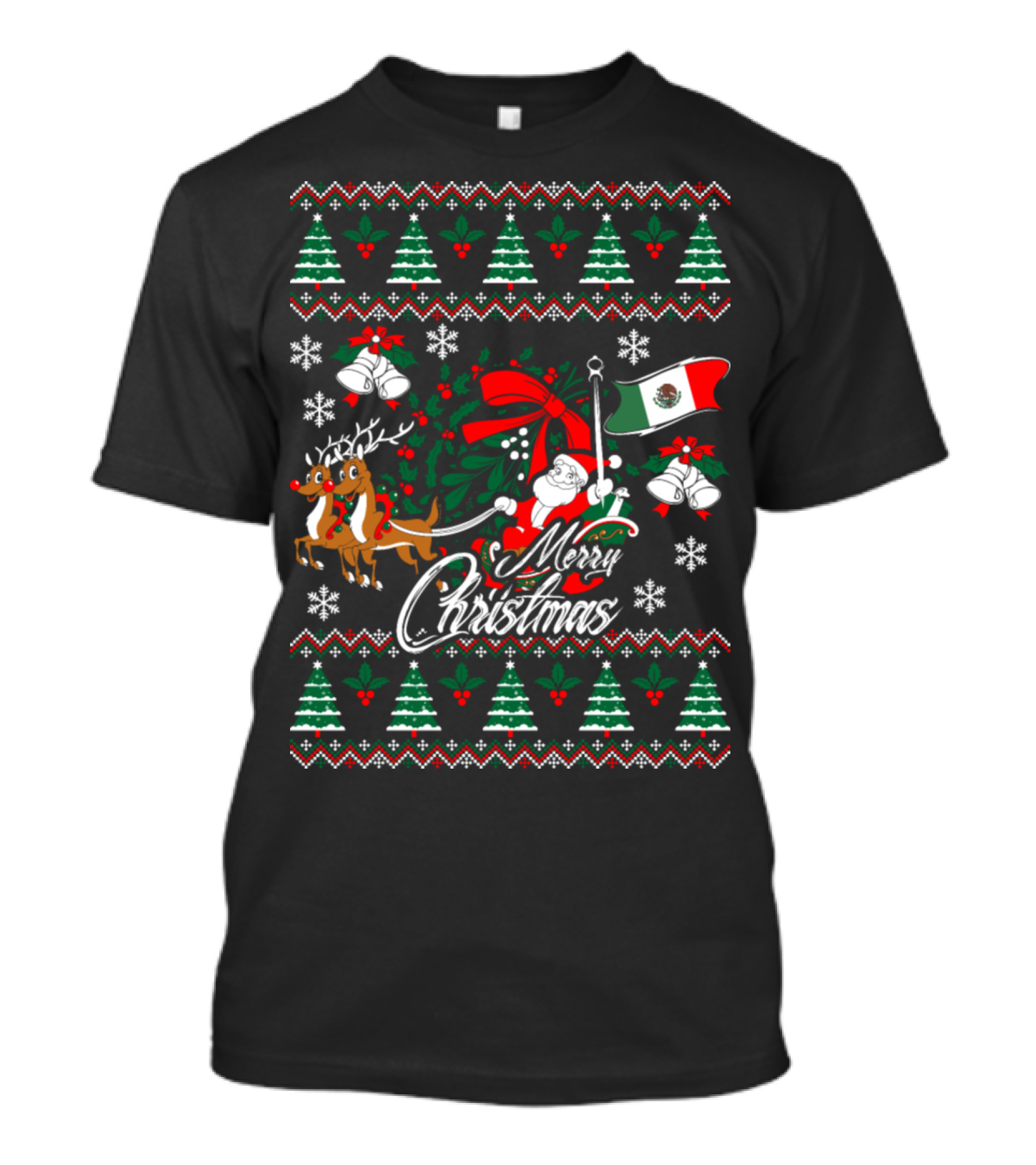 Merry Christmas Santa Mexican Flag Reindeer Snowflakes Holiday Trees T-Shirt