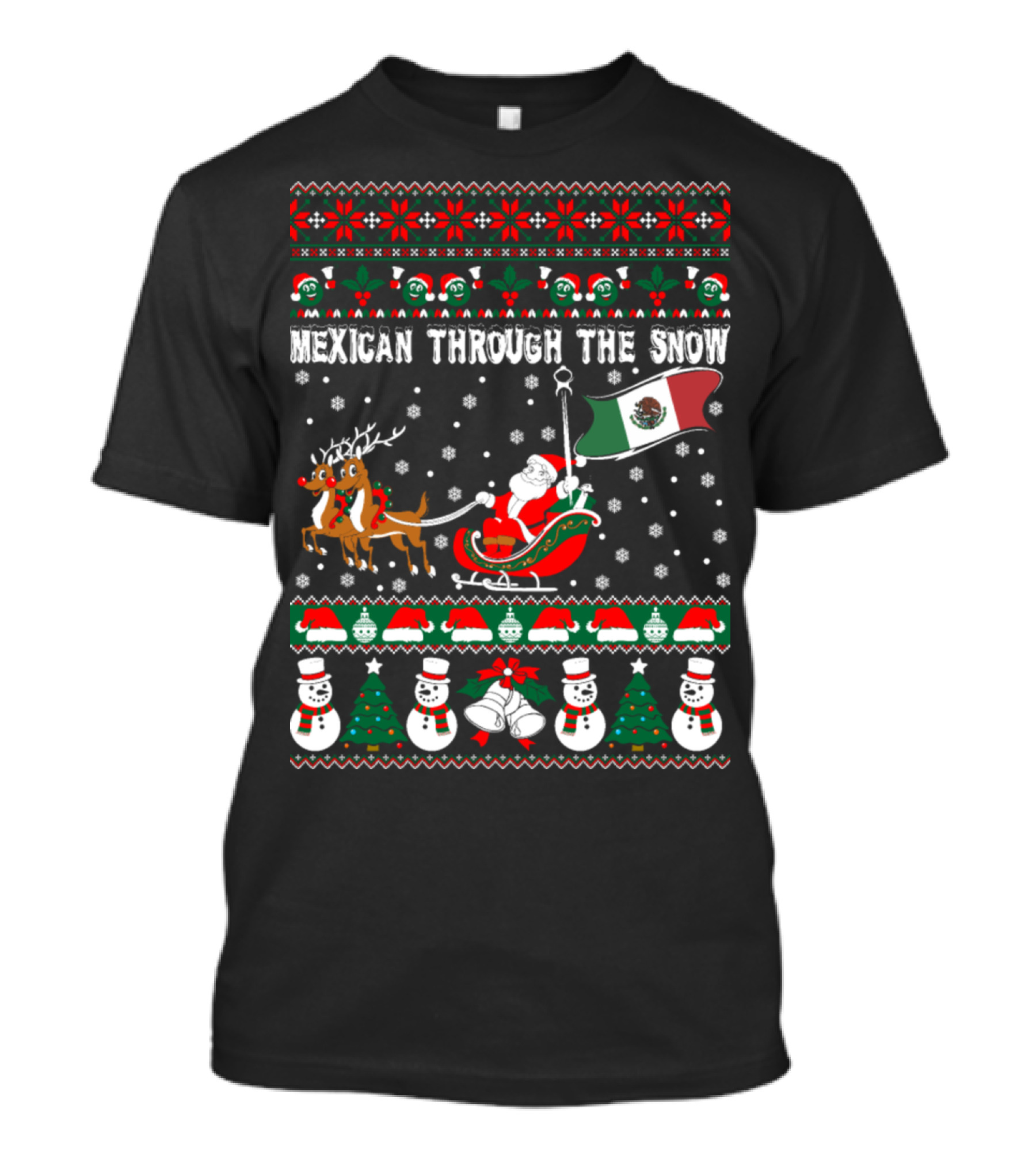 Santa Sleigh Ride Reindeer Mexican Flag Christmas Snowflakes Ugly T-Shirt