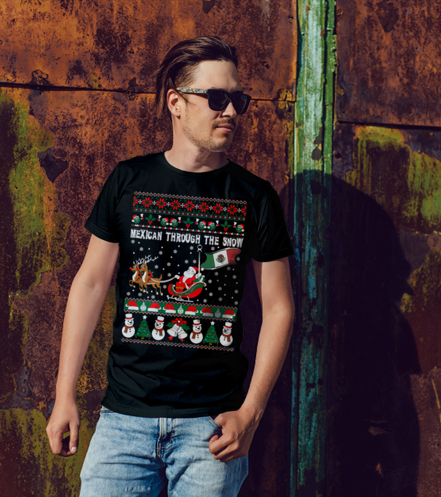 Santa Sleigh Ride Reindeer Mexican Flag Christmas Snowflakes Ugly T-Shirt