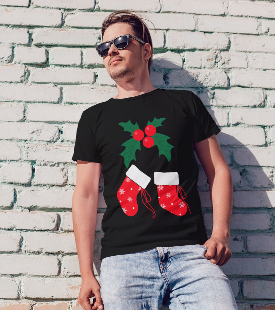 Mistletoe Red Socks Christmas Snowflakes T-Shirt