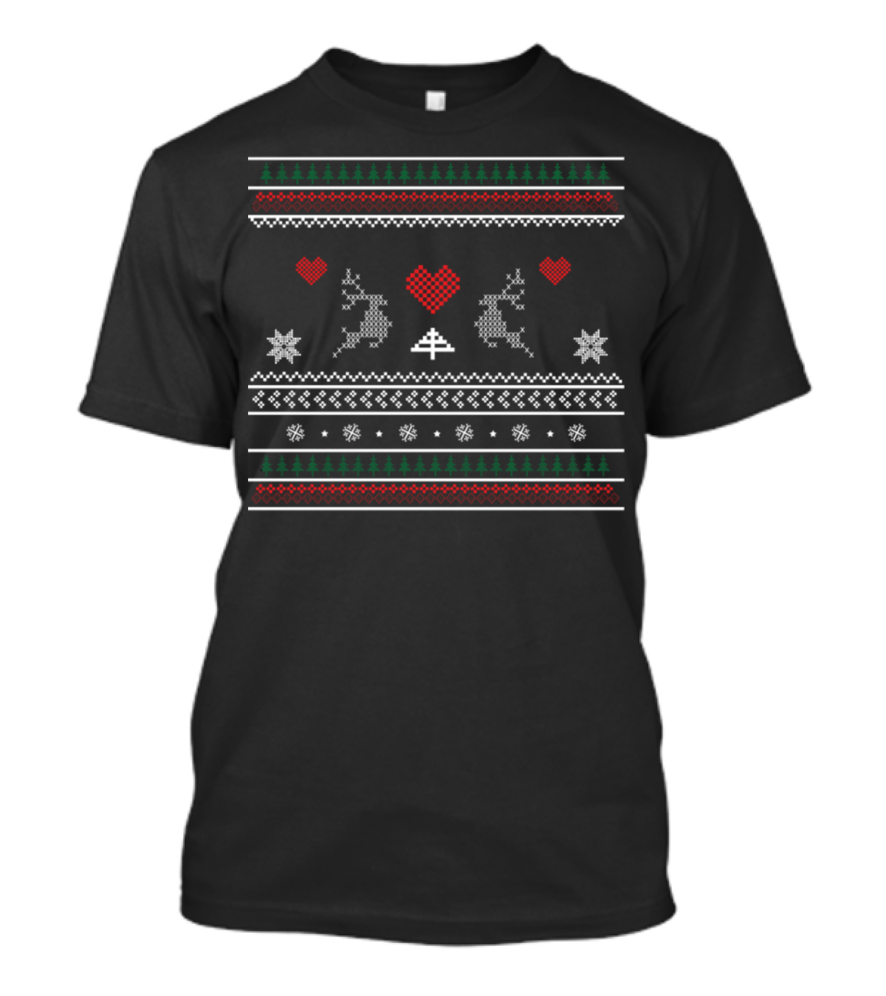 Moose Ugly Christmas Sweater Pattern With Hearts And Snowflakes T-Shirt