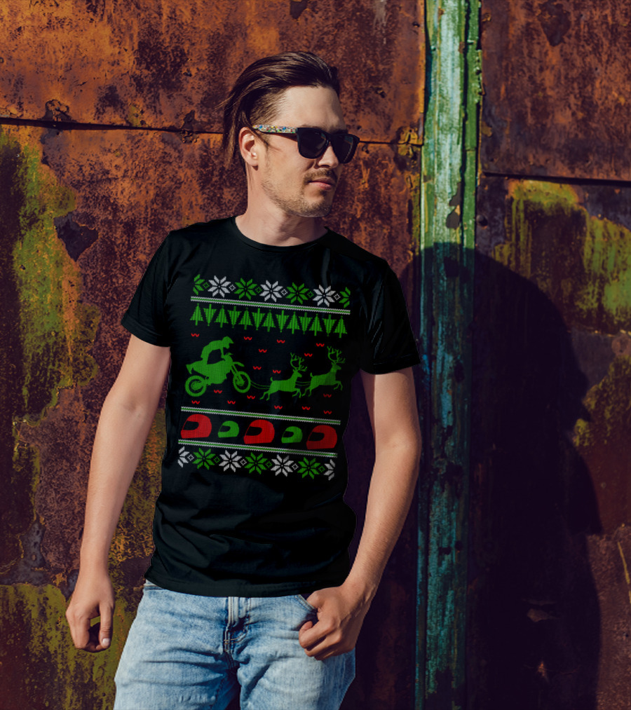 Motocross Enduro Sport Christmas Sweater With Reindeer And Helmets T-Shirt
