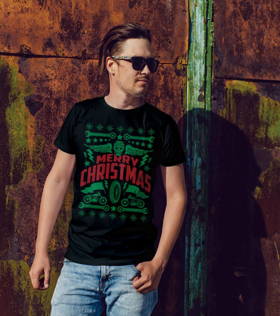 Merry Christmas Motorcycles And Skull With Wings T-Shirt