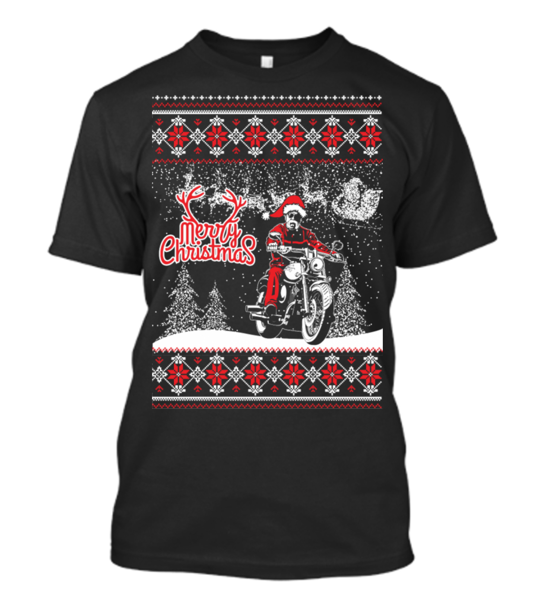Merry Christmas Santa Motorcycle Snowflakes Nordic Knit T-Shirt