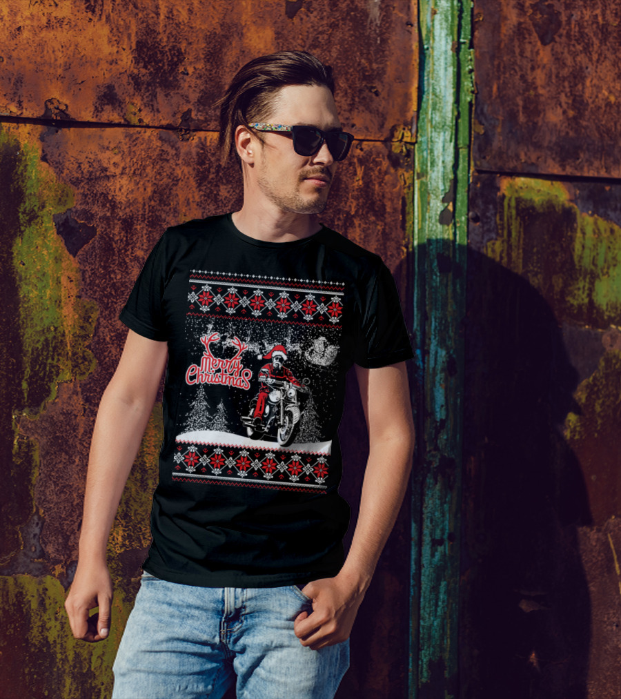 Merry Christmas Santa Motorcycle Snowflakes Nordic Knit T-Shirt