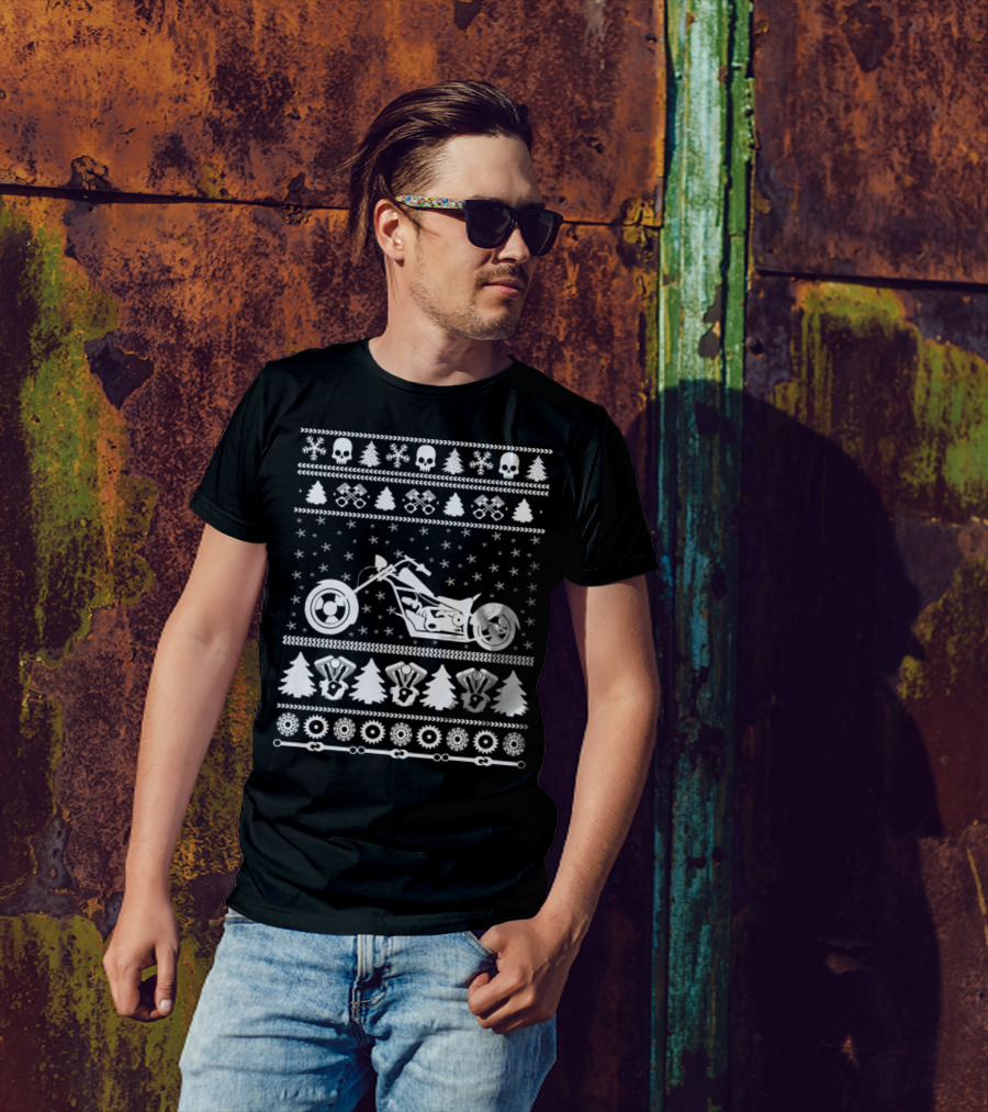 Motorcycle Ugly Christmas Sweater With Skulls And Pistons T-Shirt