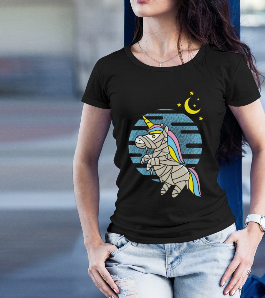 Mummy Unicorn Crescent Moon Blue Night Sky T-Shirt