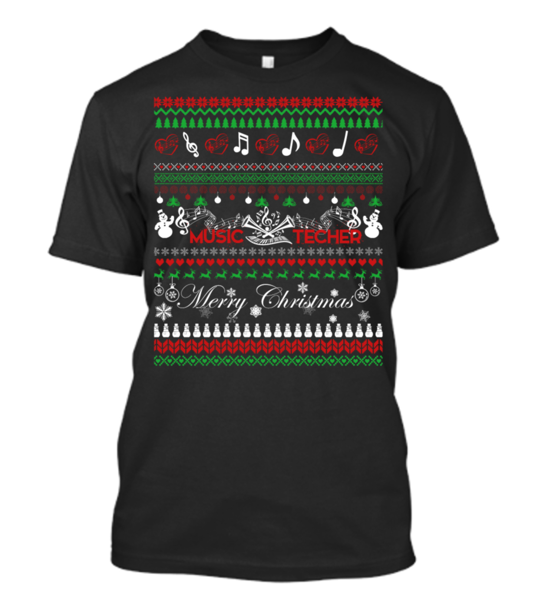 Music Teacher Merry Christmas Music Notes Snowmen Hearts T-Shirt