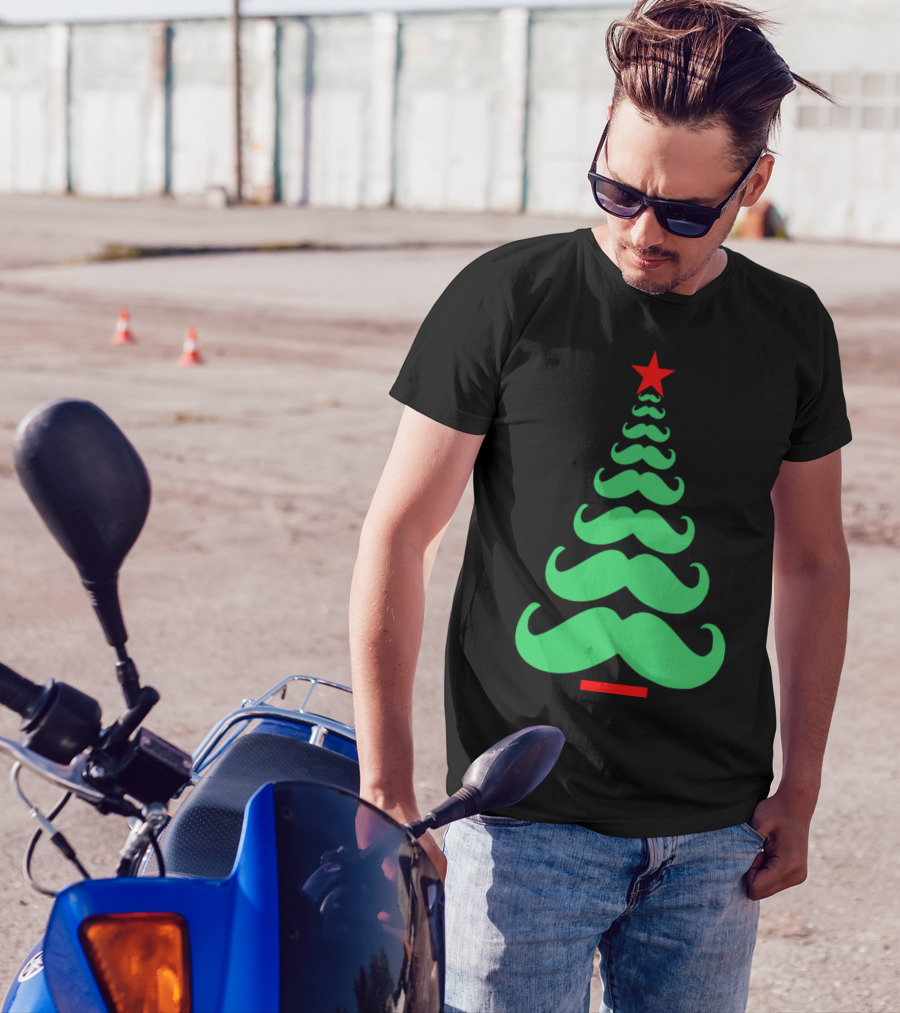Christmas Tree Made Of Mustaches With Red Star Topper T-Shirt