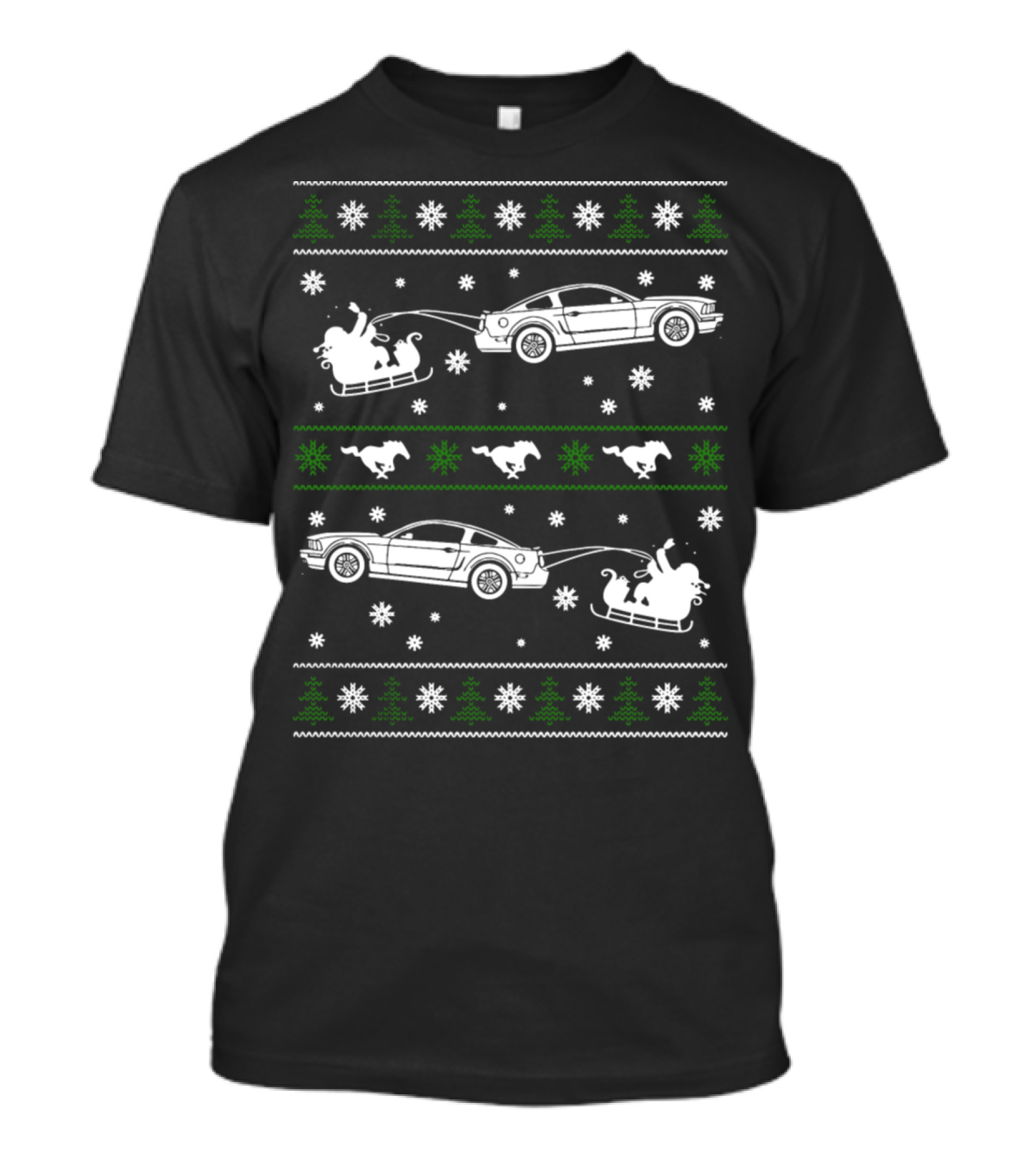 Mustang Christmas Car Pattern Santa Sleigh Snowflakes Trees T-Shirt