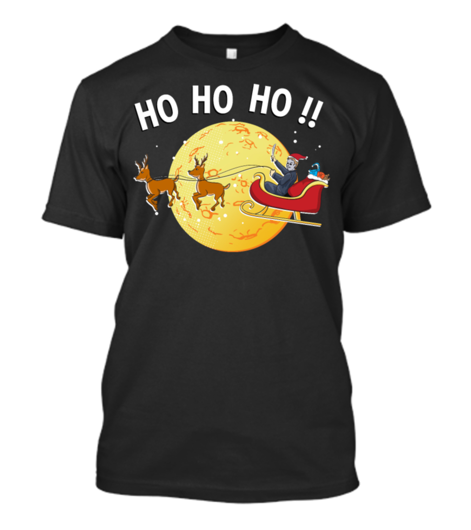HO HO HO Myers Horror Santa Claus Moon Riding Sleigh With Reindeer T-Shirt