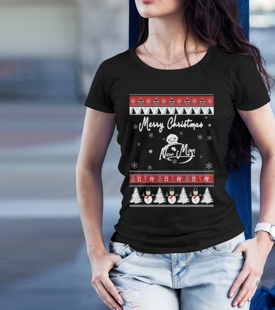 Merry Christmas New Mom Snowman Trees Ornaments Snowflakes T-Shirt
