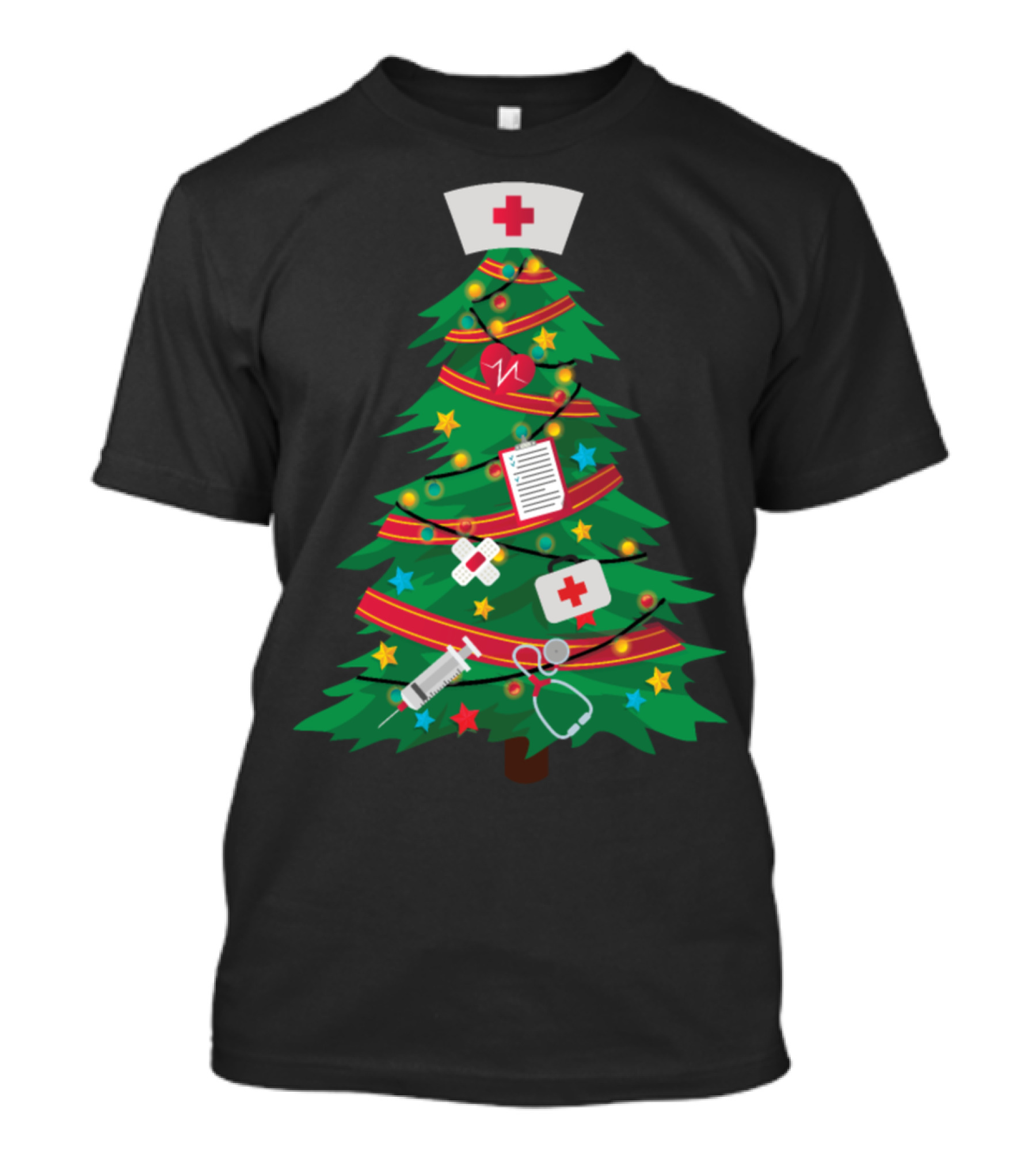 Nurse Christmas Tree Medical Holiday Decor Stethoscope Syringe Nurse Cap T-Shirt