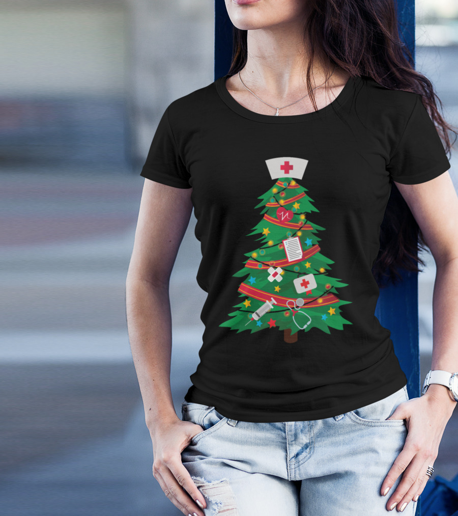 Nurse Christmas Tree Medical Holiday Decor Stethoscope Syringe Nurse Cap T-Shirt