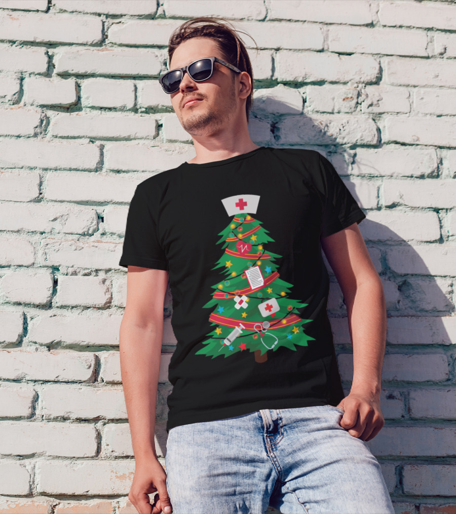 Nurse Christmas Tree Medical Holiday Decor Stethoscope Syringe Nurse Cap T-Shirt