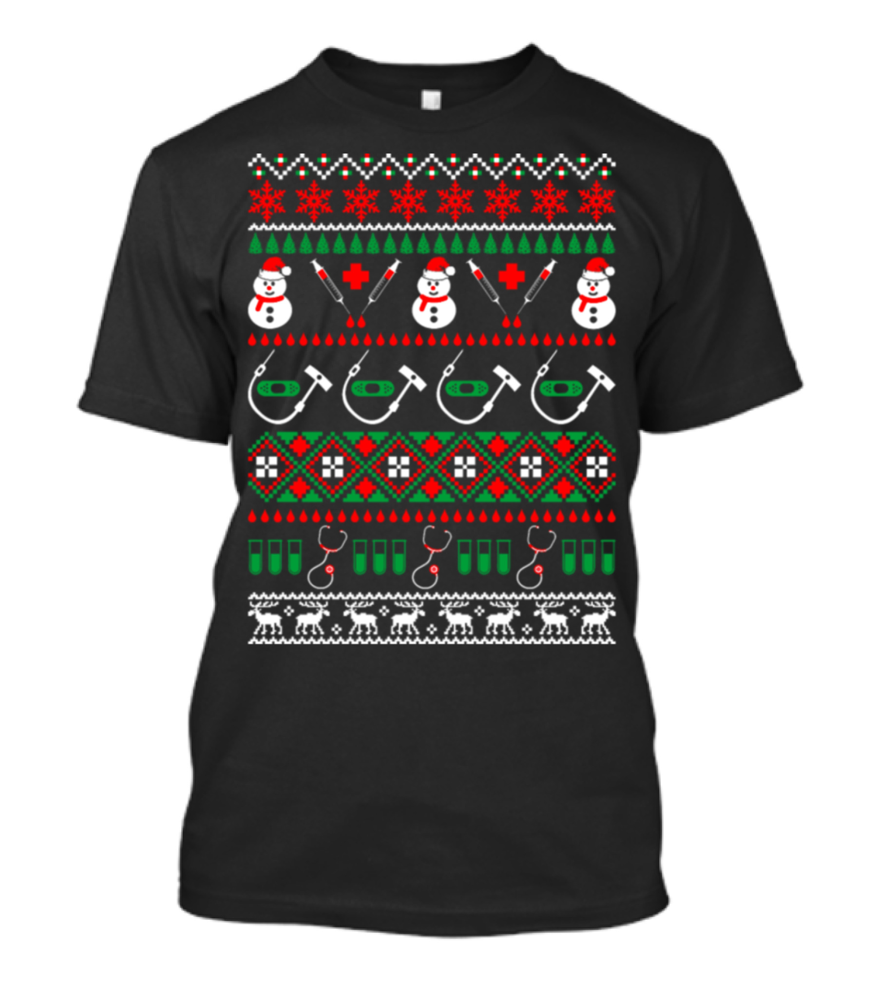 Nurse Doctor Medical Assistant Christmas Ugly Sweater Style Stethoscope Syringe Snowman T-Shirt