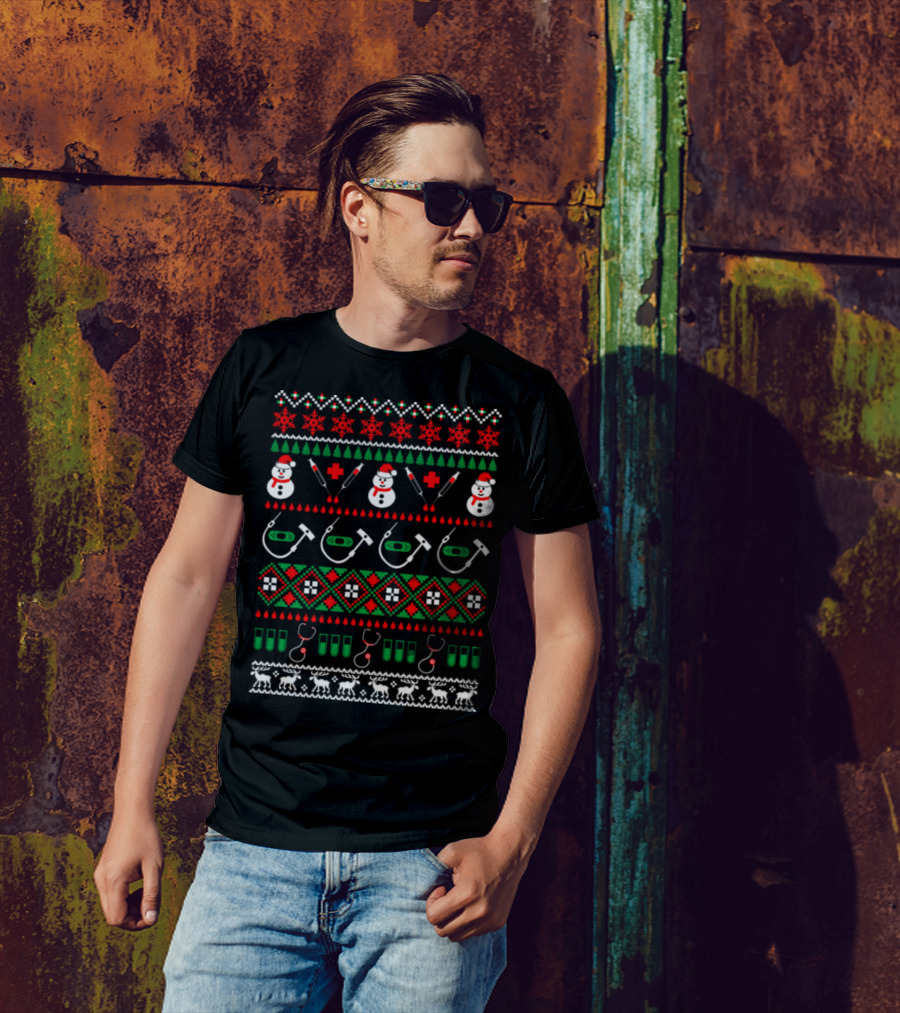 Nurse Doctor Medical Assistant Christmas Ugly Sweater Style Stethoscope Syringe Snowman T-Shirt