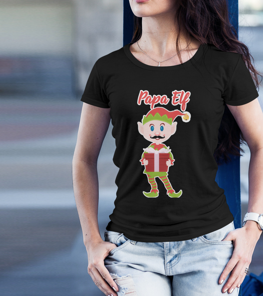 Papa Elf Christmas Character Holding Gift T-Shirt