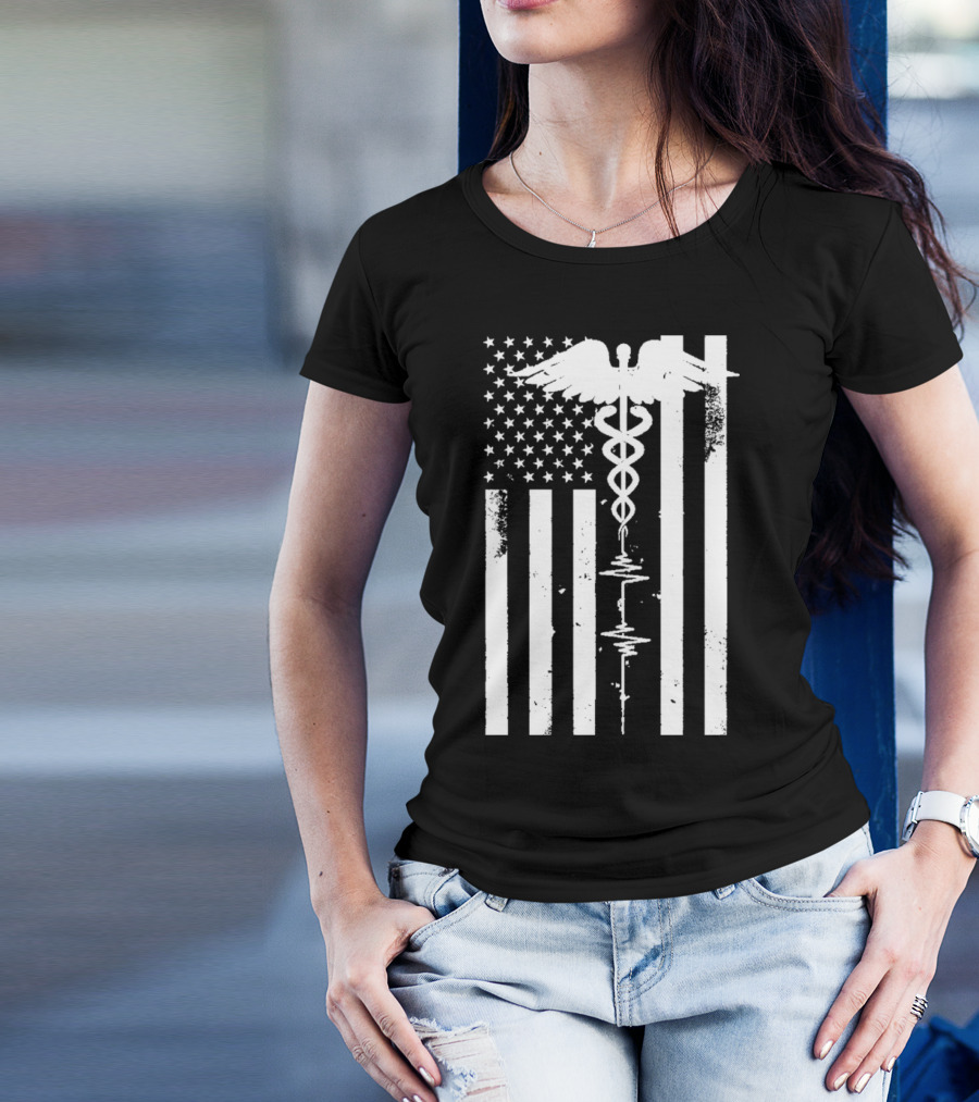 Patriot Nurse Caduceus Thin Red Line Distressed US Flag T-Shirt