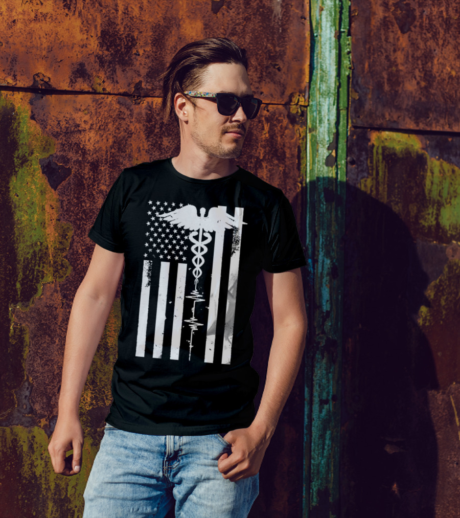 Patriot Nurse Caduceus Thin Red Line Distressed US Flag T-Shirt