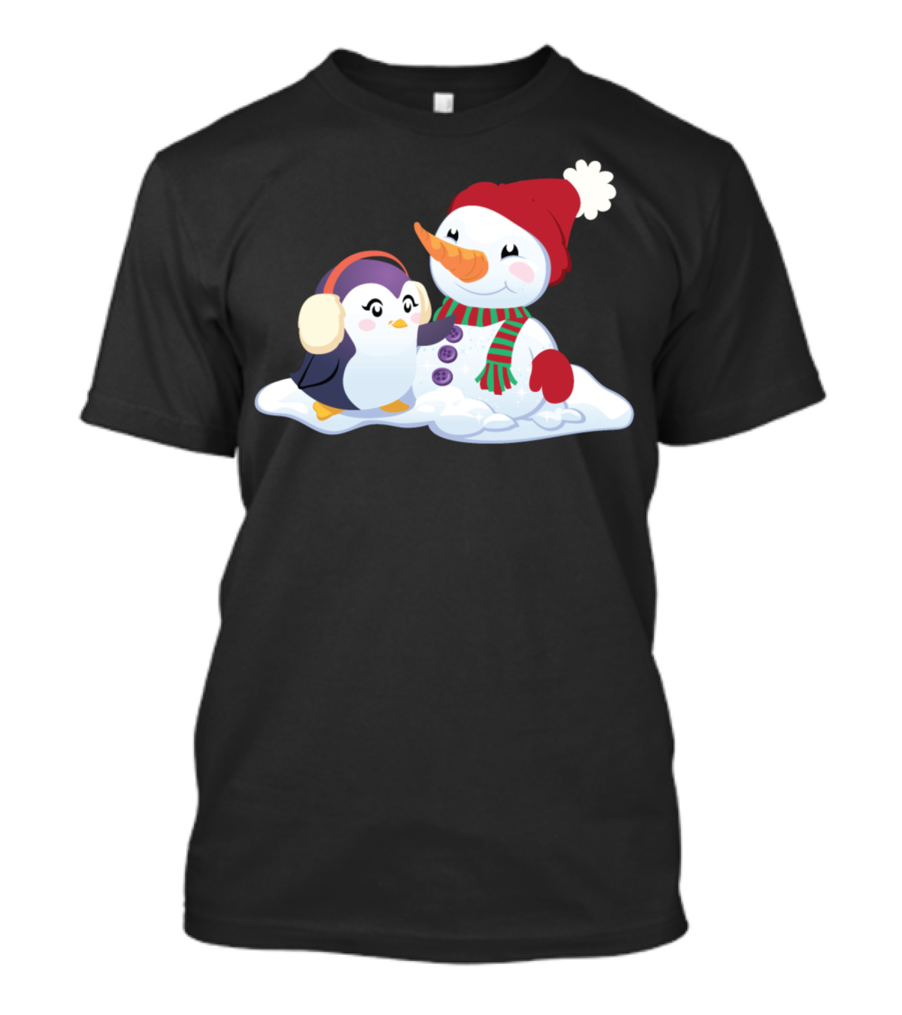 Penguin And Snowman Cozy Winter Companions In Snowy Scene T-Shirt