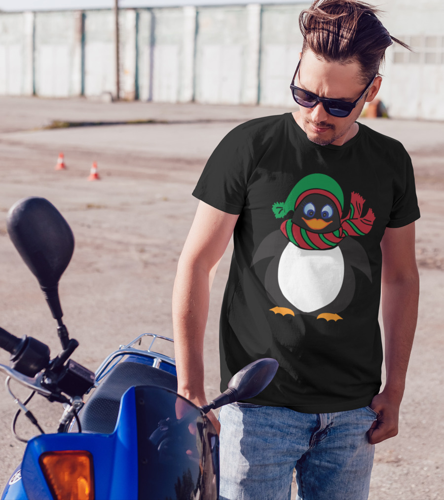Penguin In Festive Green Hat And Red Striped Scarf T-Shirt