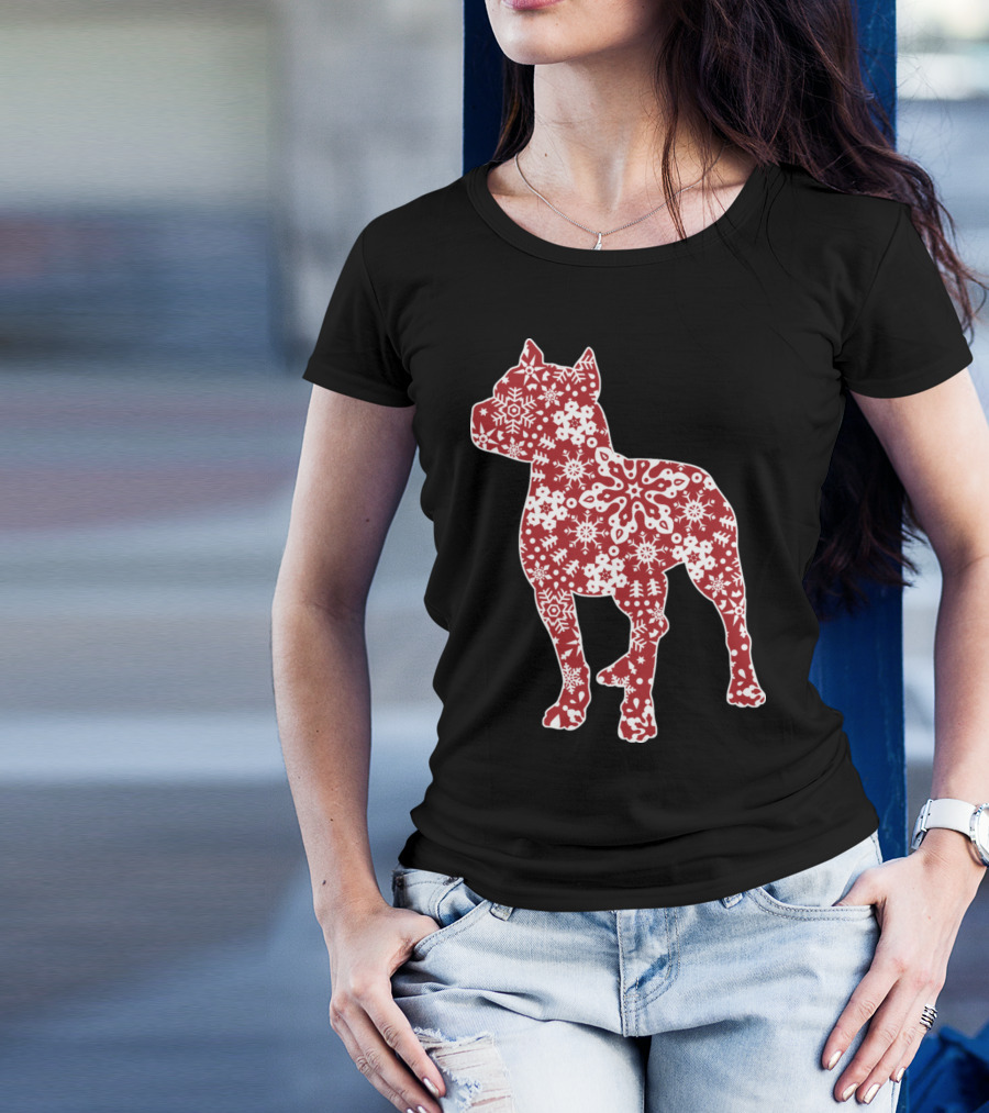 Pitbull Dog Silhouette With Christmas Snowflakes T-Shirt