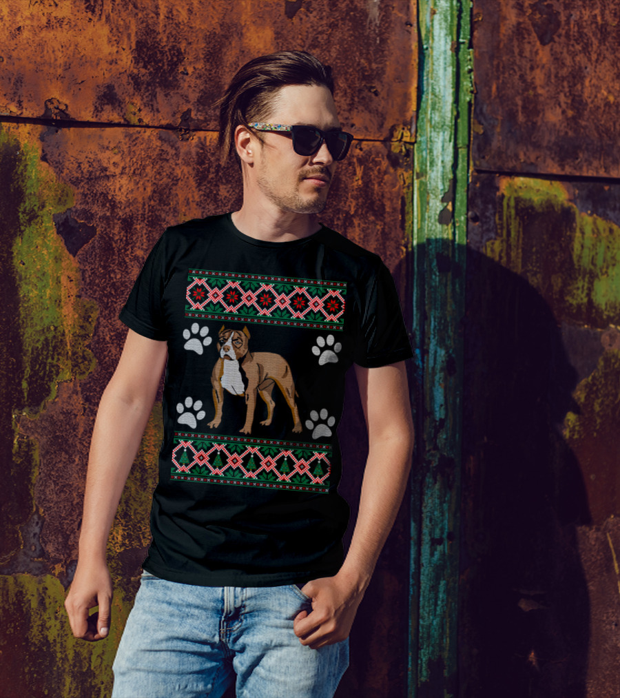 Pitbull Christmas Dog Paw Prints T-Shirt