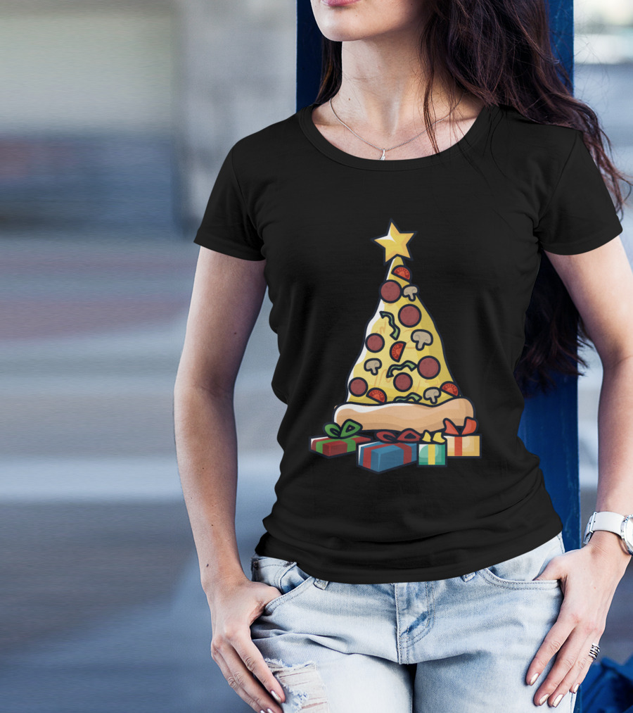 Pizza Christmas Tree Gifts Peppers Mushrooms Pepperoni T-Shirt