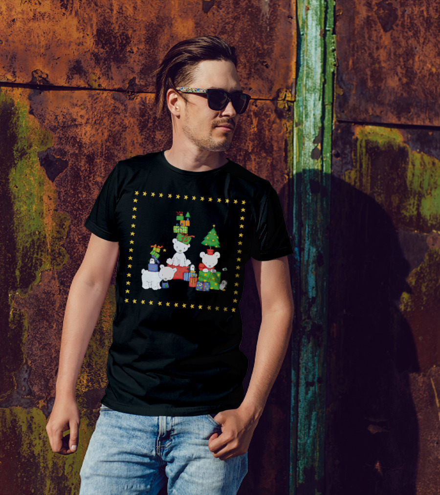 Polar Bears With Christmas Gifts And Stars T-Shirt
