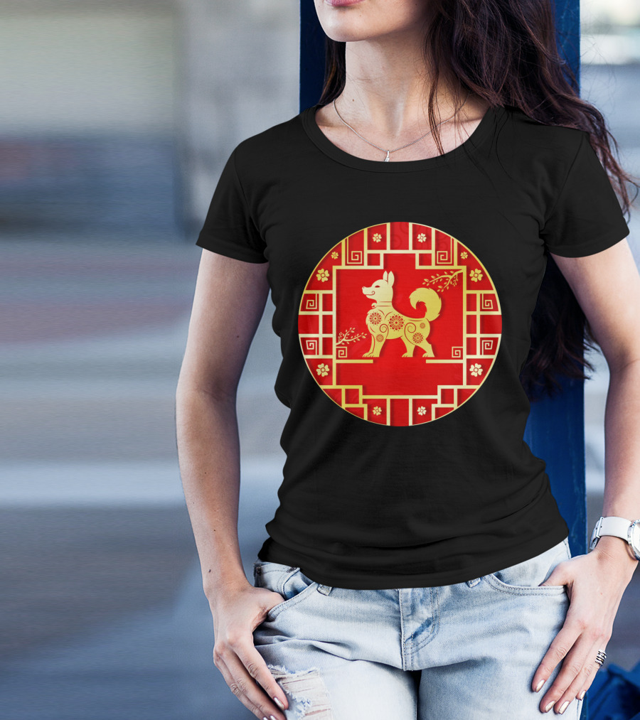 Golden Dog With Red Background And Floral T-Shirt