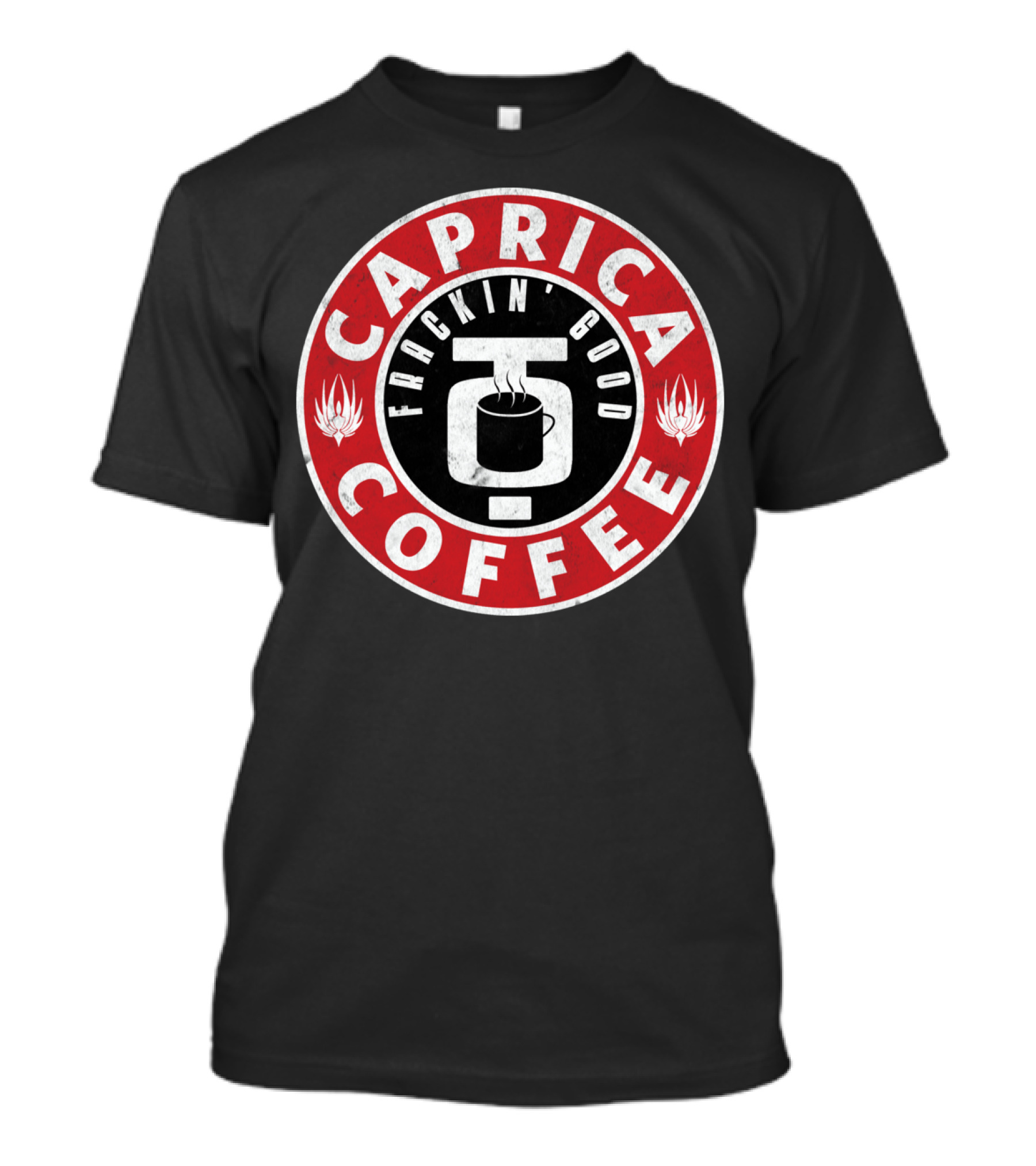 Caprica Coffee Frackin' Good Battlestar Galactica Inspired Emblem T-Shirt