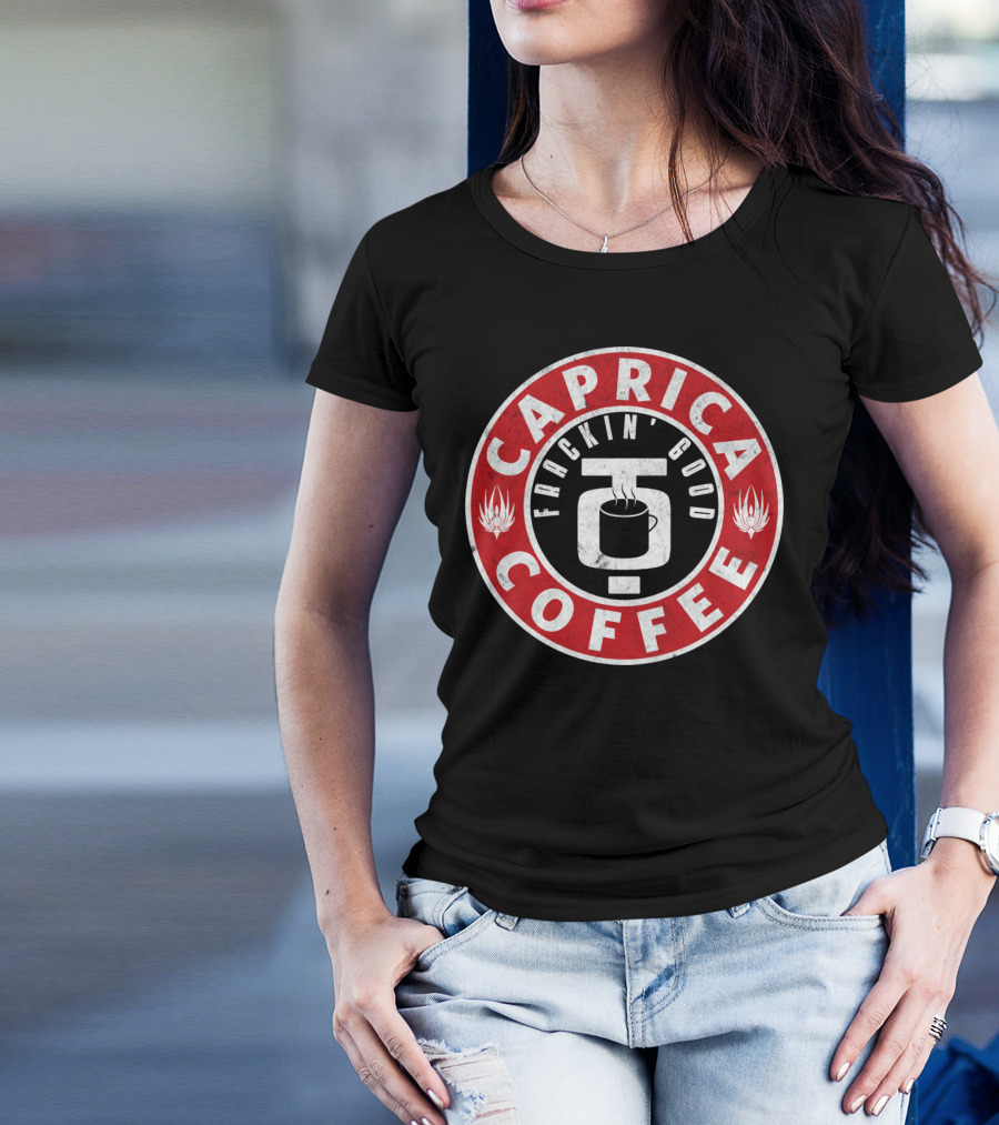 Caprica Coffee Frackin' Good Battlestar Galactica Inspired Emblem T-Shirt