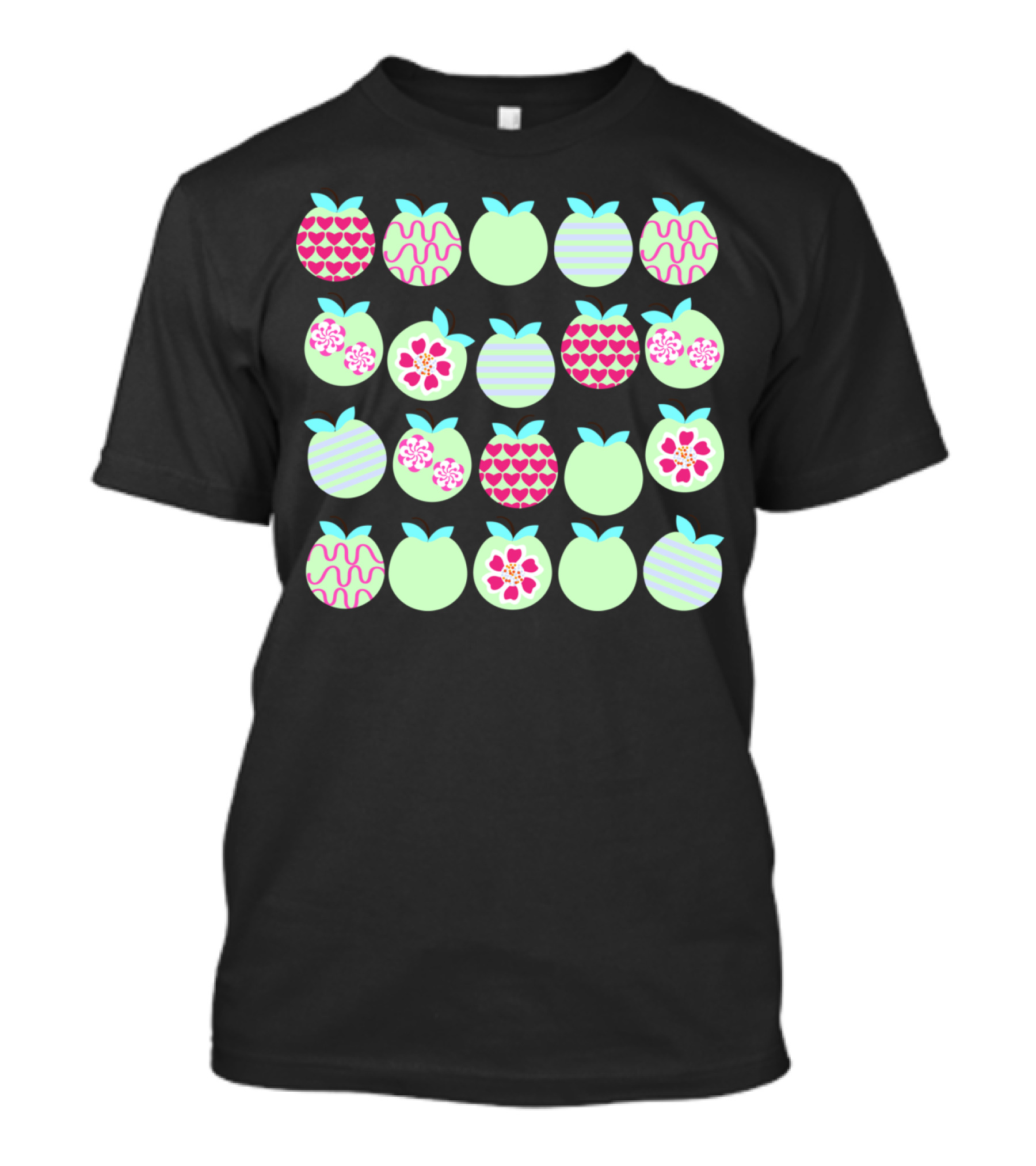 Apples Hearts Flowers Stripes Patterns On Pastel Green Circles T-Shirt