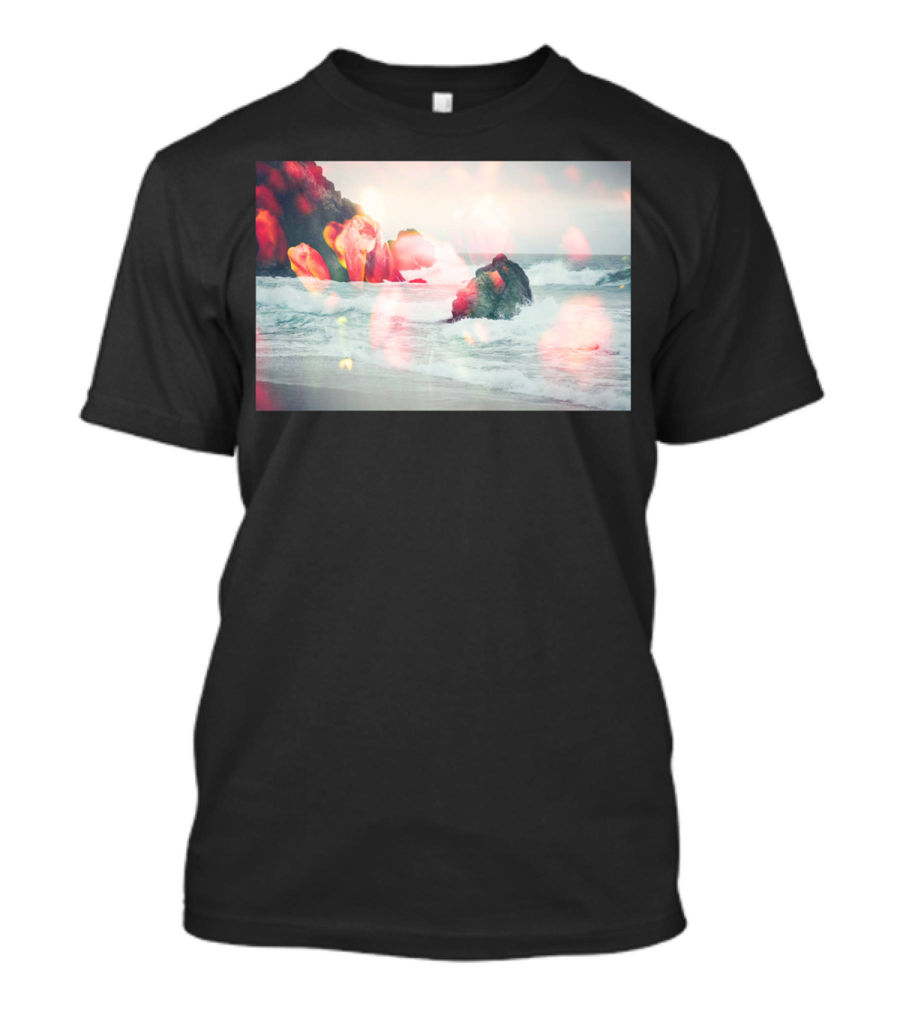Crashing Tulips Waves On Rocky Shore With Overlapping Floral Elements T-Shirt