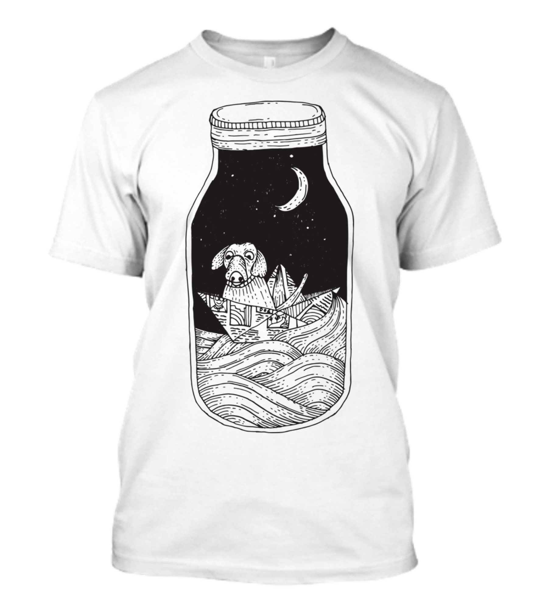 Dog In A Bottle With Moonlit Canoe Journey T-Shirt