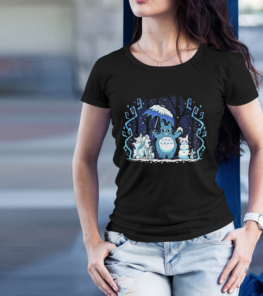 Winter Forest Friends Totoro Snowy Night Scene T-Shirt