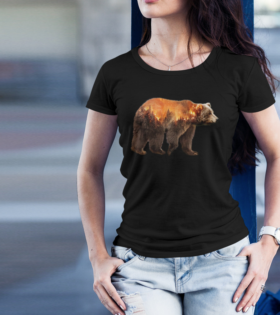 Bear Escape From Mountain Fire Wildlife Scene T-Shirt