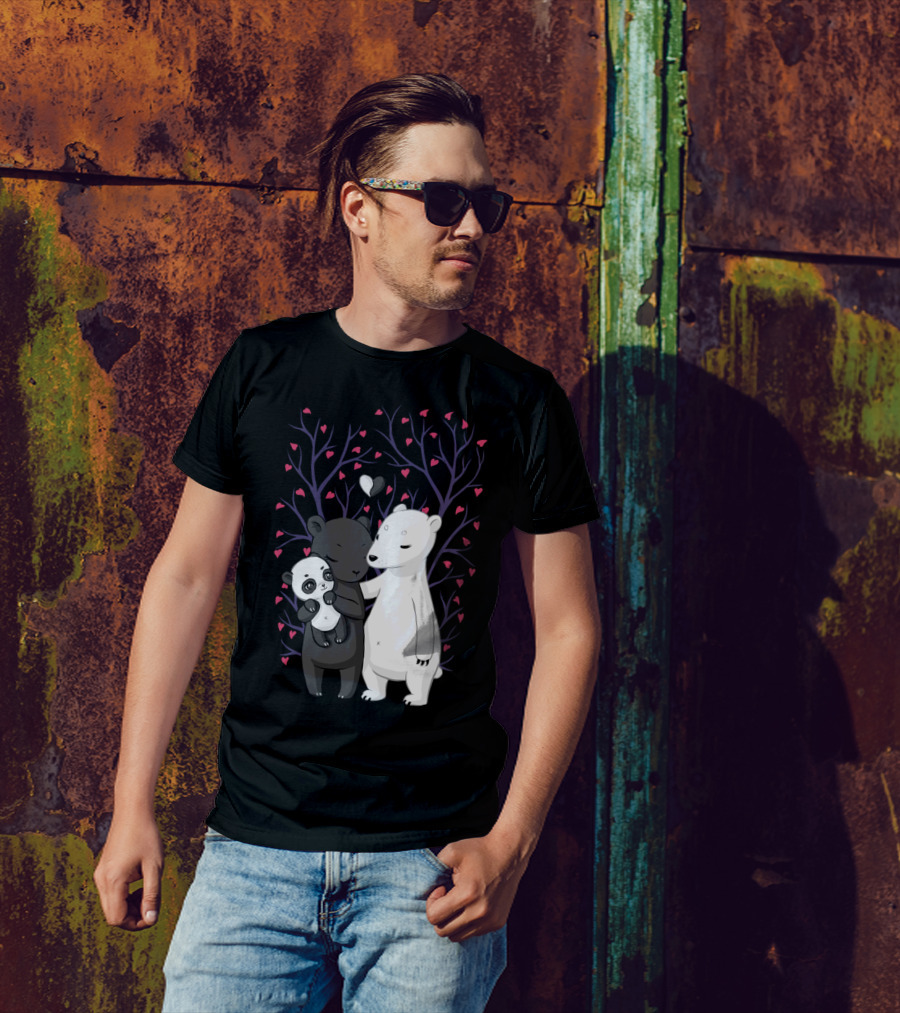 Bear Family Love With Hearts And Tree Background T-Shirt