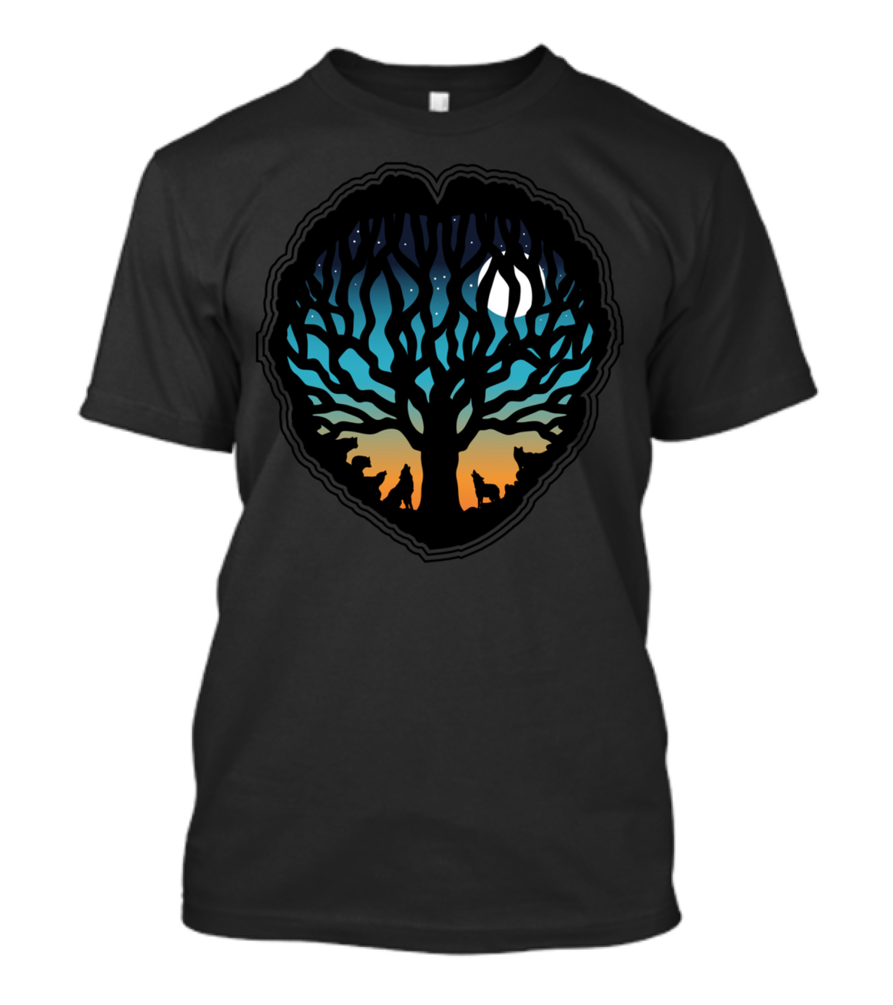 Winter Moon Wolf Magical Tree Leaf Shape Night T-Shirt