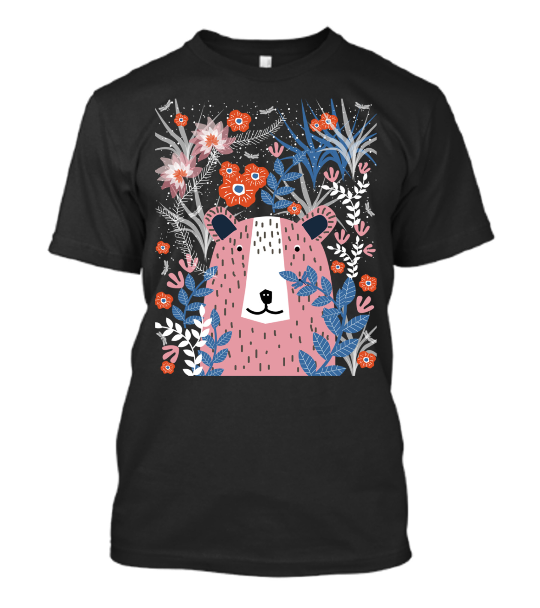 Bear Garden Floral Pattern With Pink Bear And Colorful Flowers T-Shirt