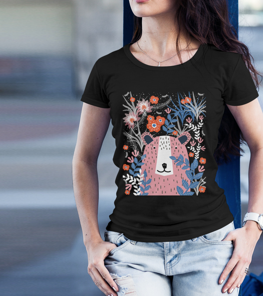 Bear Garden Floral Pattern With Pink Bear And Colorful Flowers T-Shirt