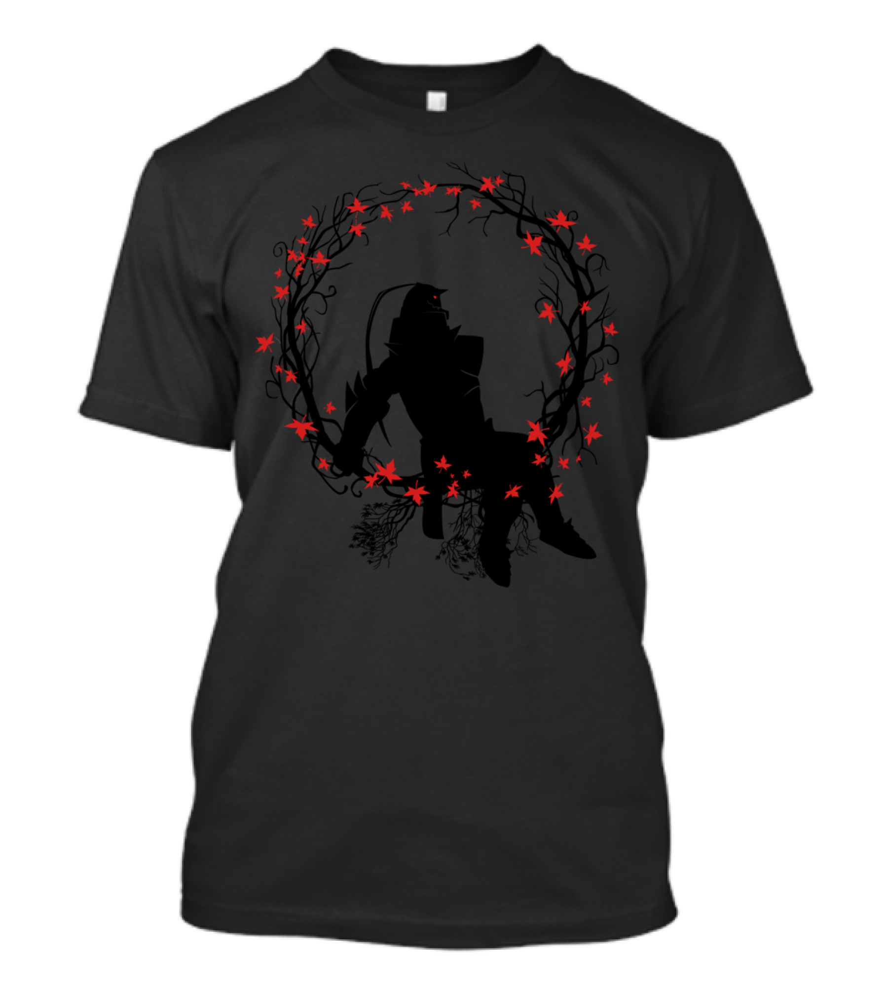 Full Metal Circle Silhouette With Red Leaves T-Shirt