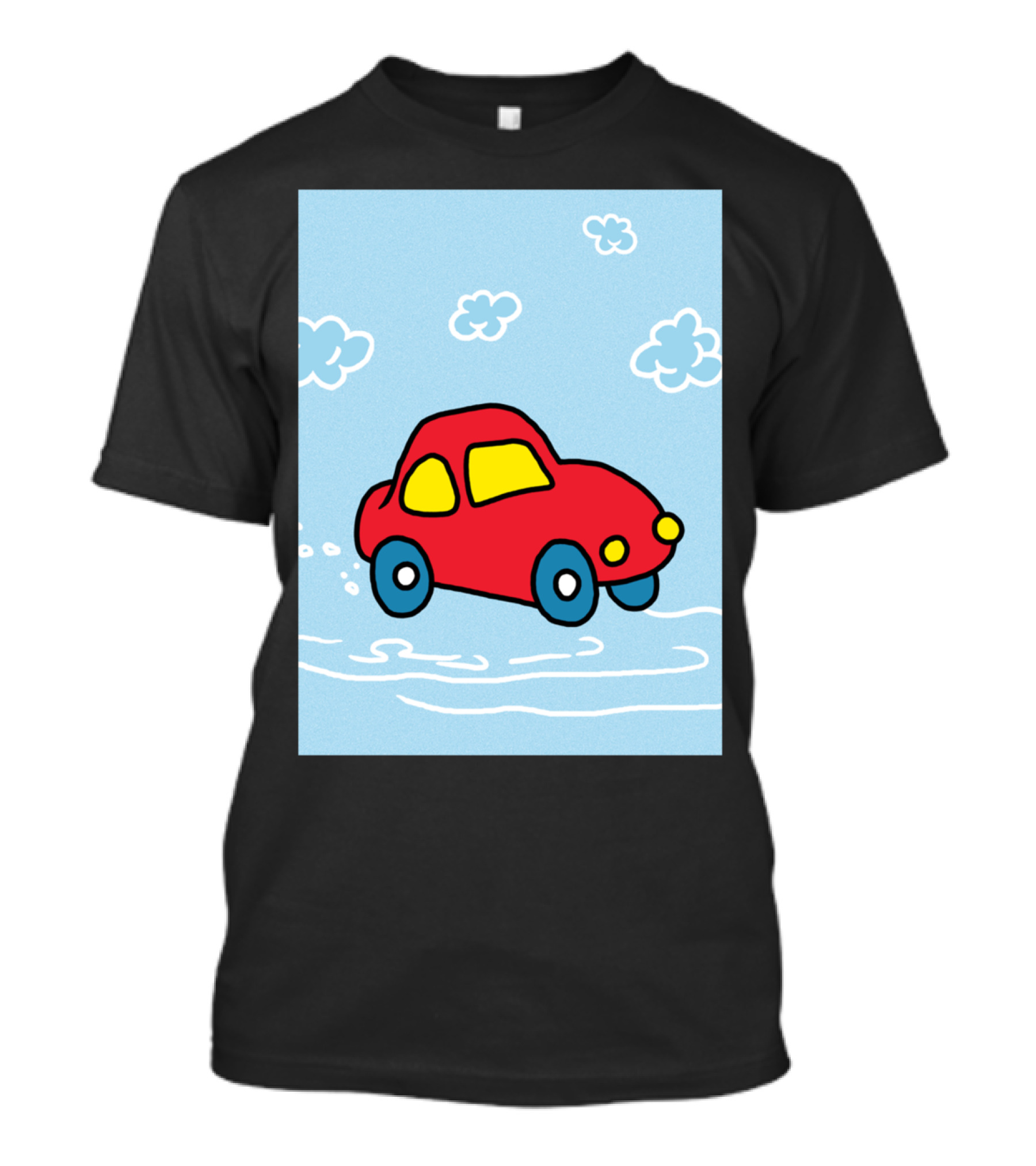 Red Cartoon Car In Cloudy Sky Scene With Blue Wheels And Yellow Windows T-Shirt